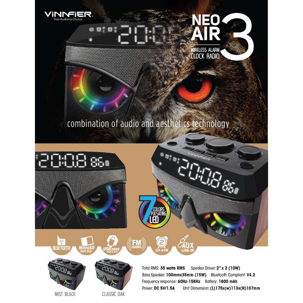 VINNFIER Neo Air 3 Portable Bluetooth Speaker with Dual Alarm Clock