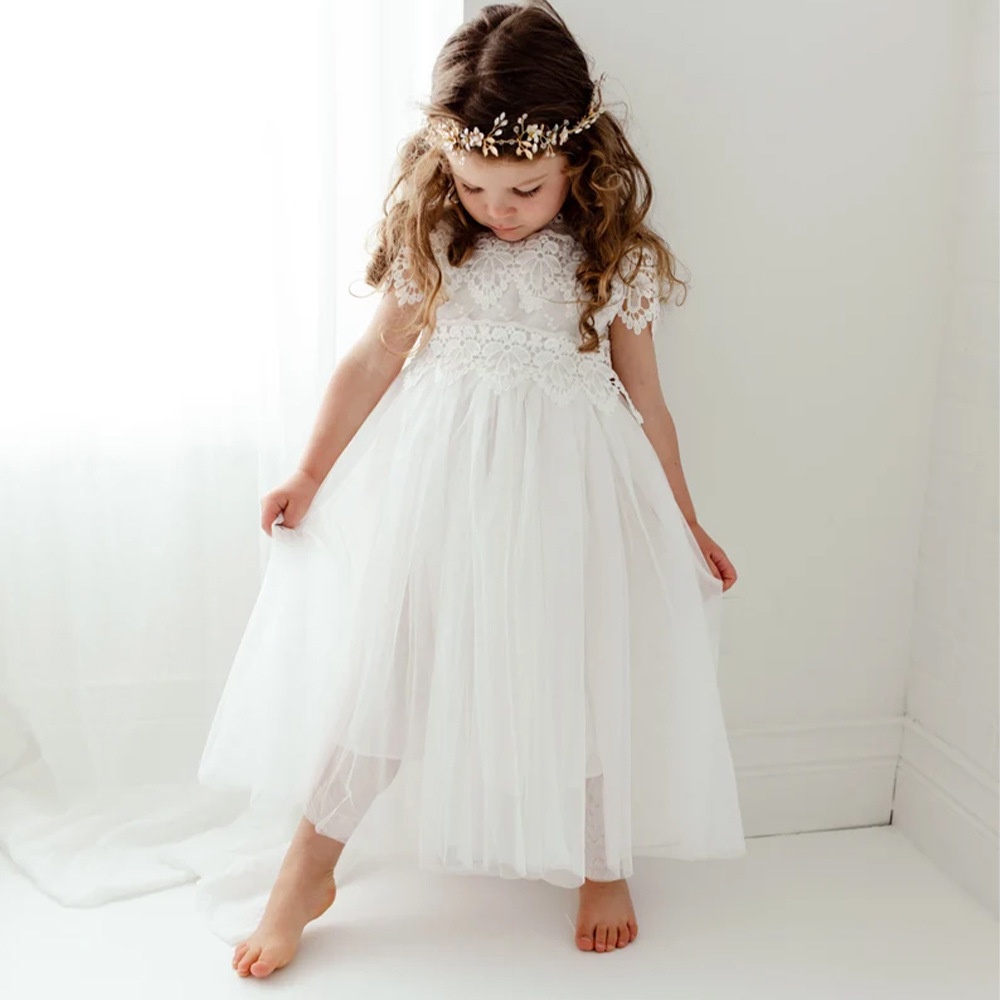 White Lace Floral Girl Dress Girls Birthday Party Costume Kid Tulle