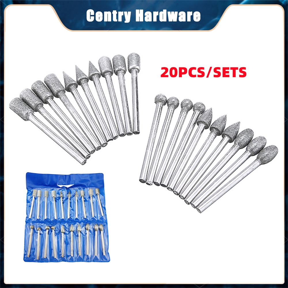 20pcs 3mm Shank Diamond Burr Grinding Head Drill Bit For Rotary Tool