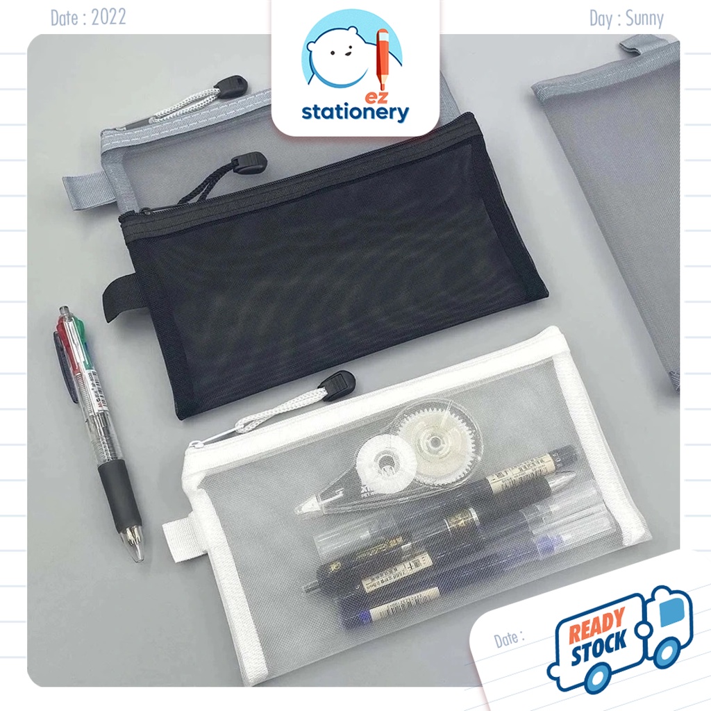 🇲🇾 Ready Stock Transparent Mesh Pencil Case Nylon Pencil Pouch Muji