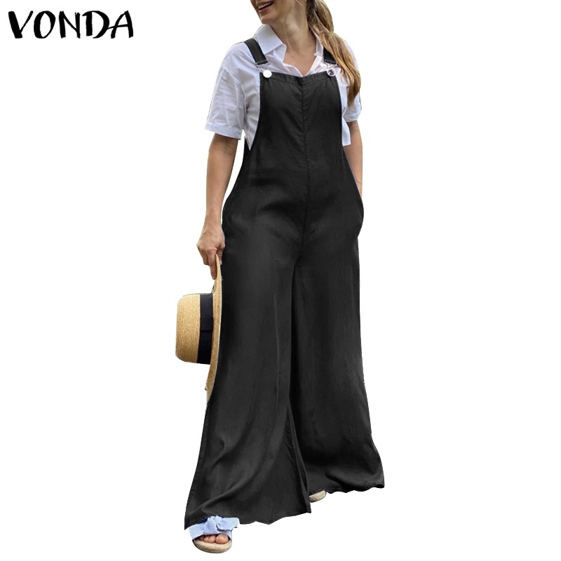 VONDA Women Summer Solid Color Denim Sleeveless Loose Wide Leg Long