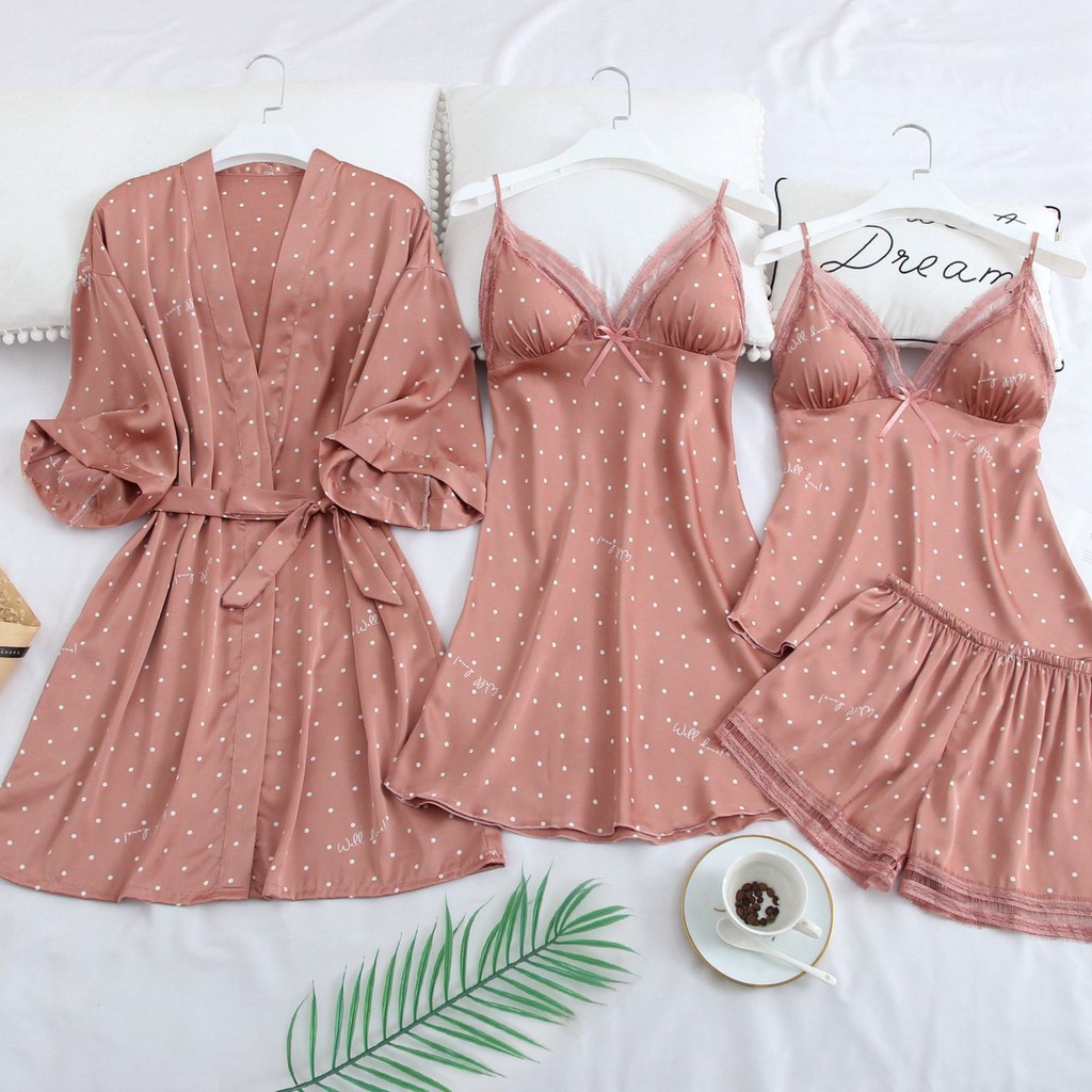 Lady's Pink Print Dot Wedding Robe Set Ice Silk Pajamas Sleepwear