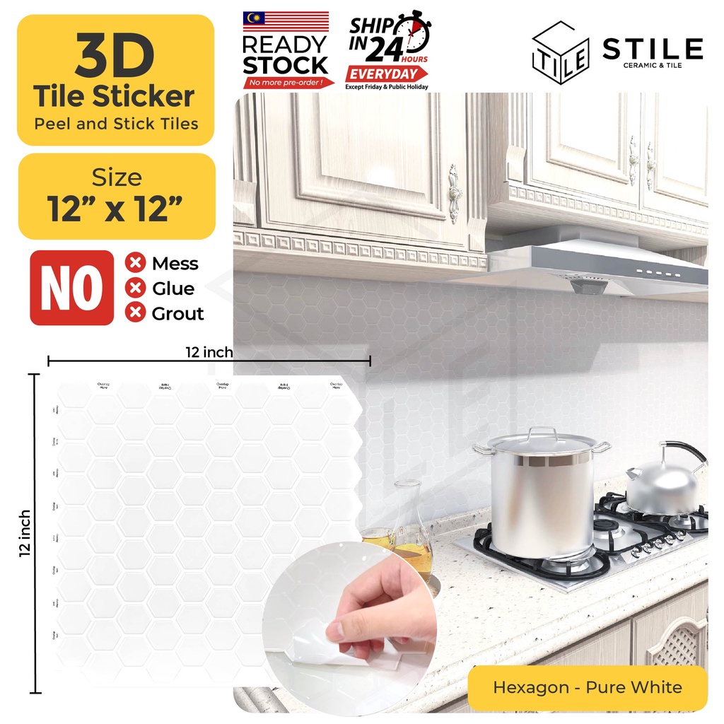 Hexagon Pure White 3D Tiles Sticker Kitchen Bathroom Wall Tiles Sticker