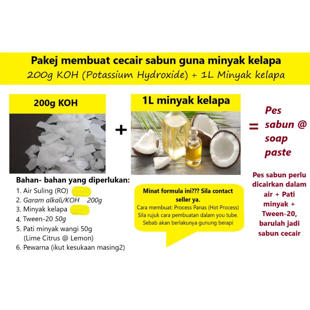 Pakej DIY sabun cecair/ 200g KOH + 1L Minyak kelapa/ DIY coconut liquid