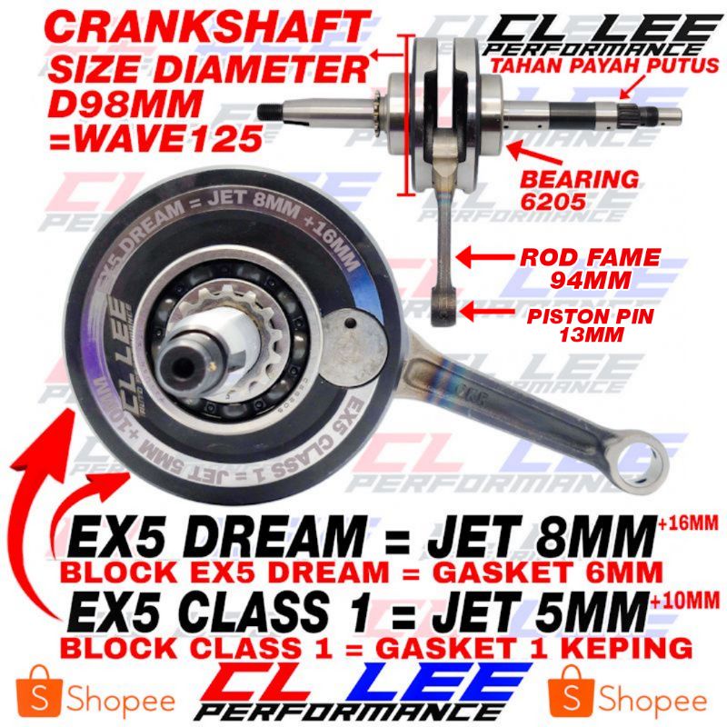 CRANKSHAFT EX5 DREAM JET 8MM 📌 EX5 CLASS 1 JET 5MM CL LEE W125 to CLASS