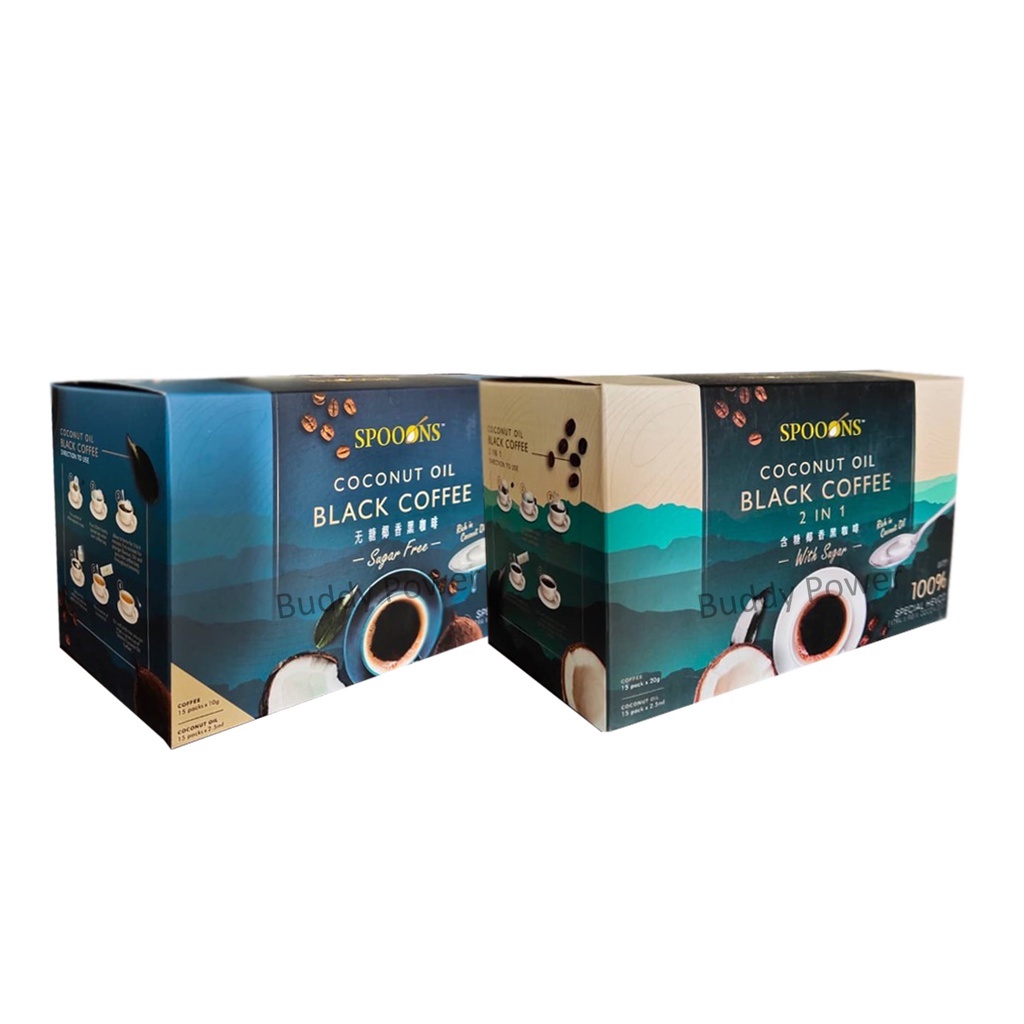 SPOONS Coconut Oil Black Coffee Sugar Free / 2 IN 1 (15packs/Box