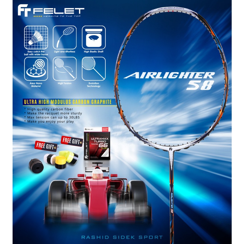 Felet Airlighter 58 Ultra Light 58g 9u Racket Badminton Racket Raket