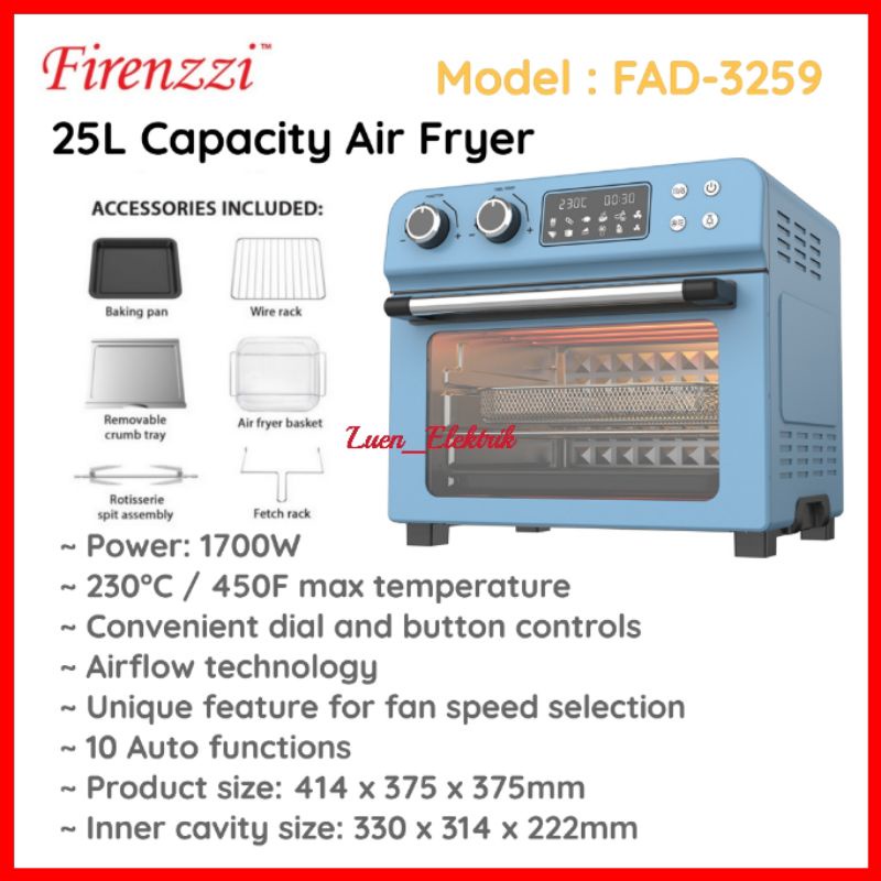Firenzzi 25L MultiFunction Air Fryer Oven 1700W Stainless Steel with 10 Cooking Preset Auto