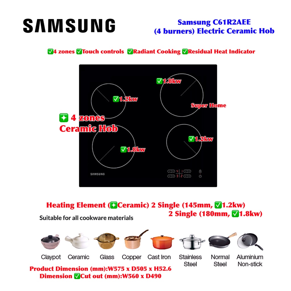 Samsung Ceramic Hob 4 Zones Build in Electric Ceramic Hob C61R2AEE