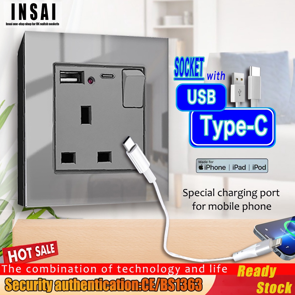 【Ready Stock】Glass electrical typec usb 13a USB switch socket plug