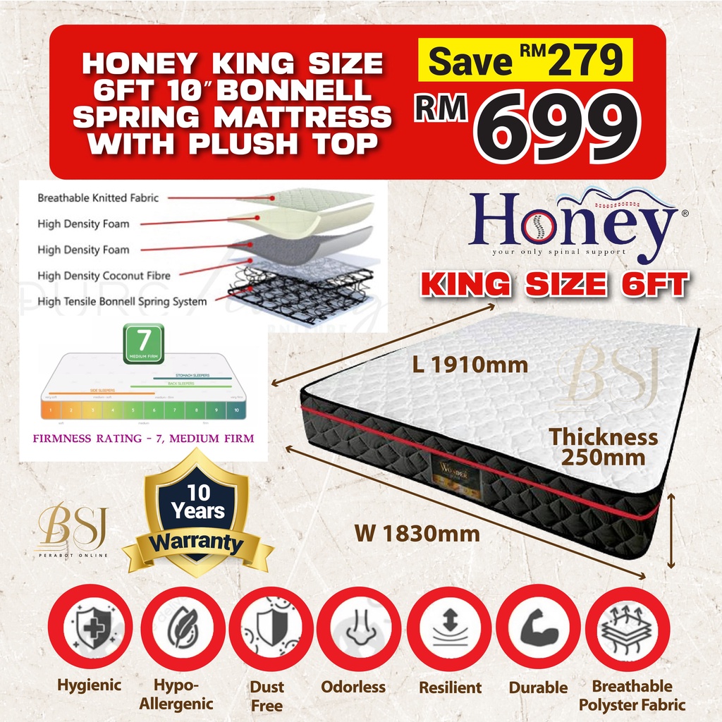 BSJ【𝐇𝐎𝐍𝐄𝐘 𝟔𝐅𝐓 𝐊𝐢𝐧𝐠 𝐒𝐢𝐳𝐞 𝟏𝟎" 𝐌𝐚𝐭𝐭𝐫𝐞𝐬𝐬】HONEY King Size 6FT 10" Bonnell