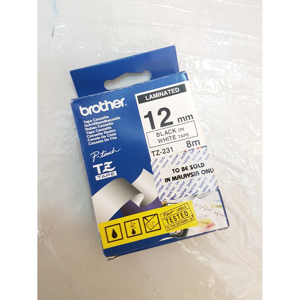 Brother Tape Cassette Laminated Black on White Tape 12mm, TZ231, TZ