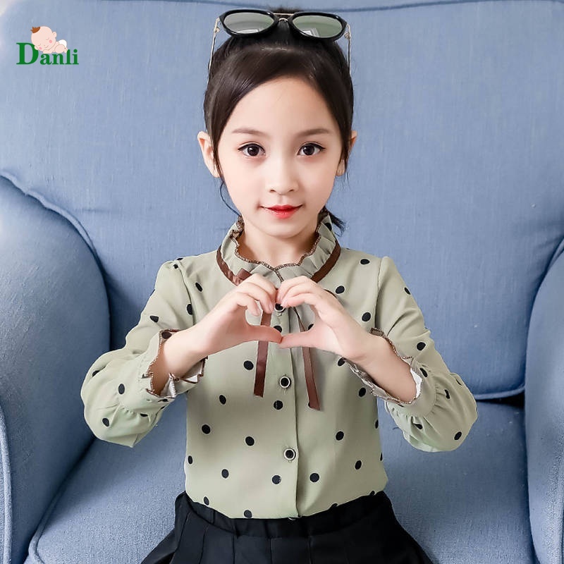 Girls Polka Dot Shirt 2022 Spring LongSleeved Top Children Chiffon