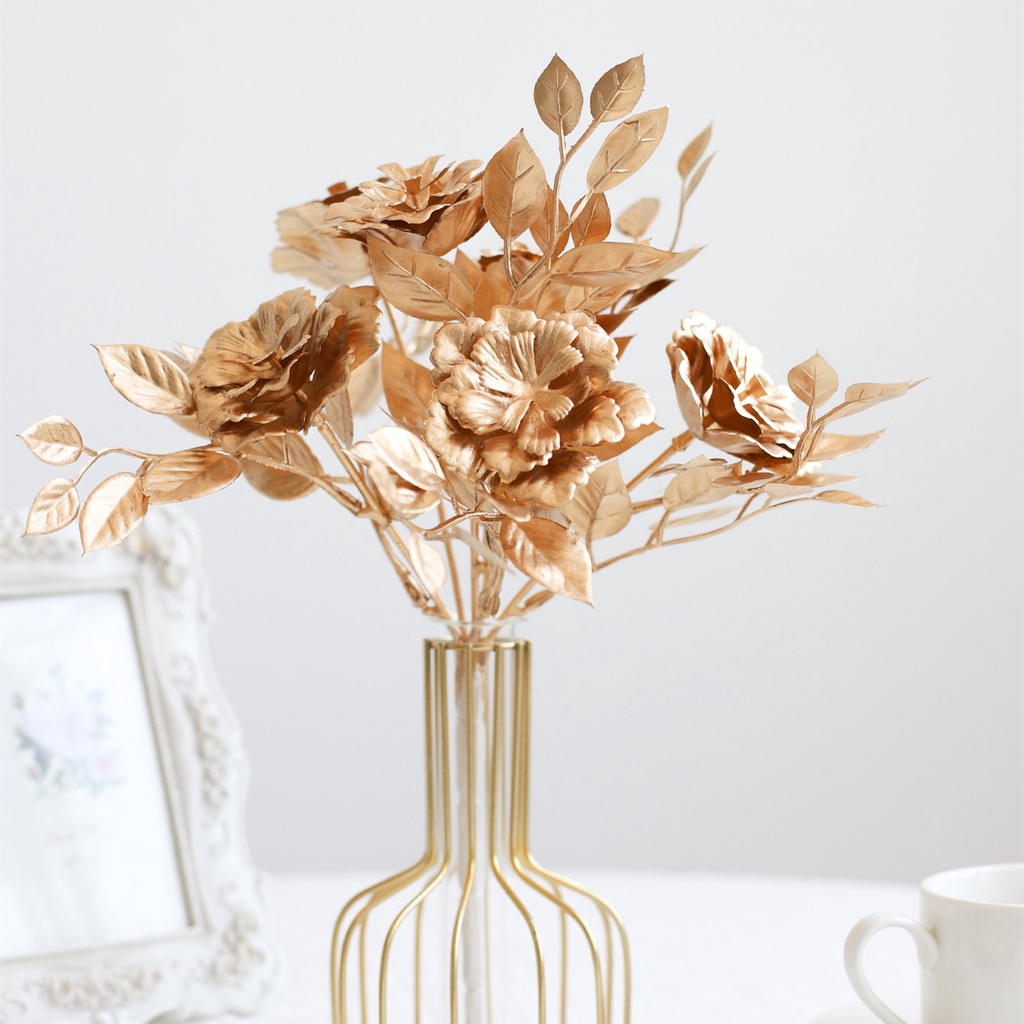 Retro Gold Rose Artificial Flowers With Leaves High Quality For Wedding