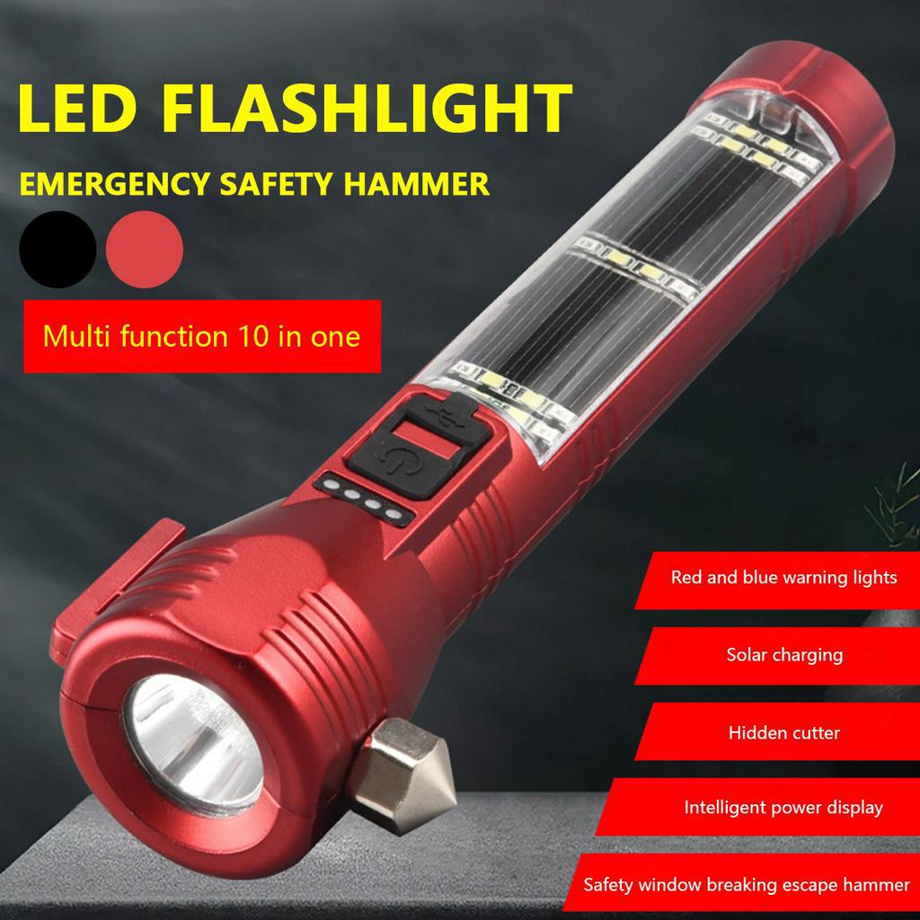 LED Super Bright Flashlight Solar Multifunction Emergency Torchlight Rechargeable Safety Hammer