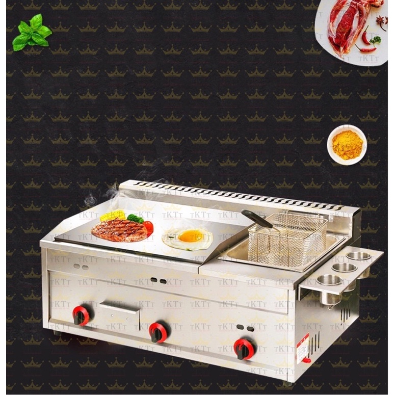 TKTT Commercial Gas Griddle Deep Fryer Combo Stove BBQ Grill Western