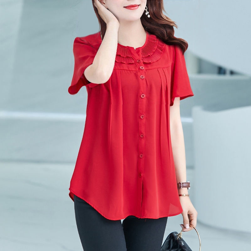 2024 New chiffon Blouse women's dress cover belly short sleeve top big