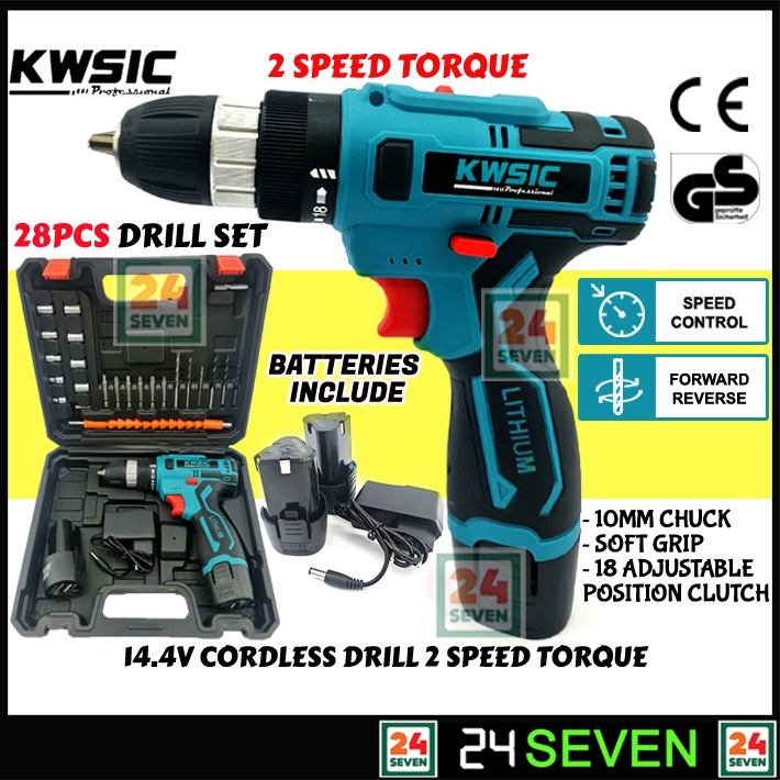 KWSIC 14.4V Cordless Drill 2 Speed Torque Grip with Accessories