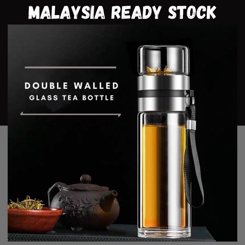 Glass Tea Bottle Double Walled Water Bottle with Strainer Filter Travel