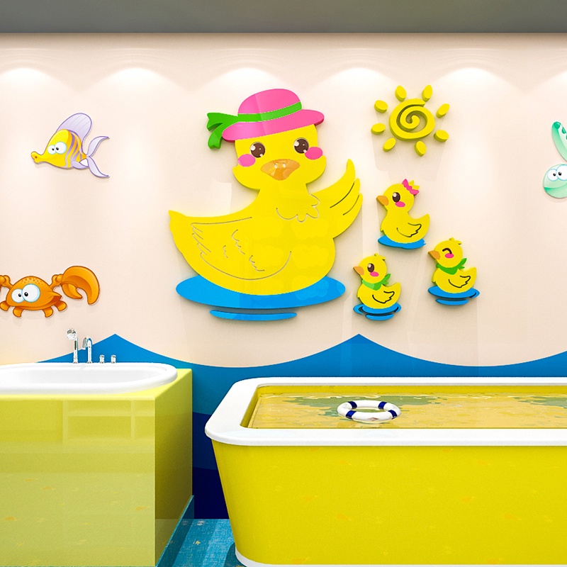 Three cartoon cute ducks 3D acrylic sticker bathroom children's room kindergarten wall sticker