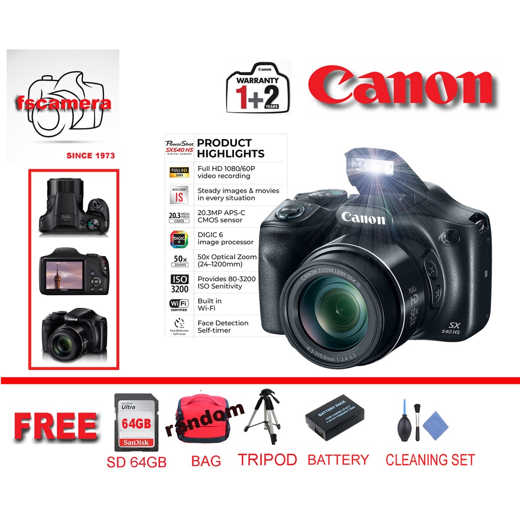 CANON POWERSHOT SX540 HS (50XZOOM) FREE 64GB & BAG & TRIPOD & CLEANING