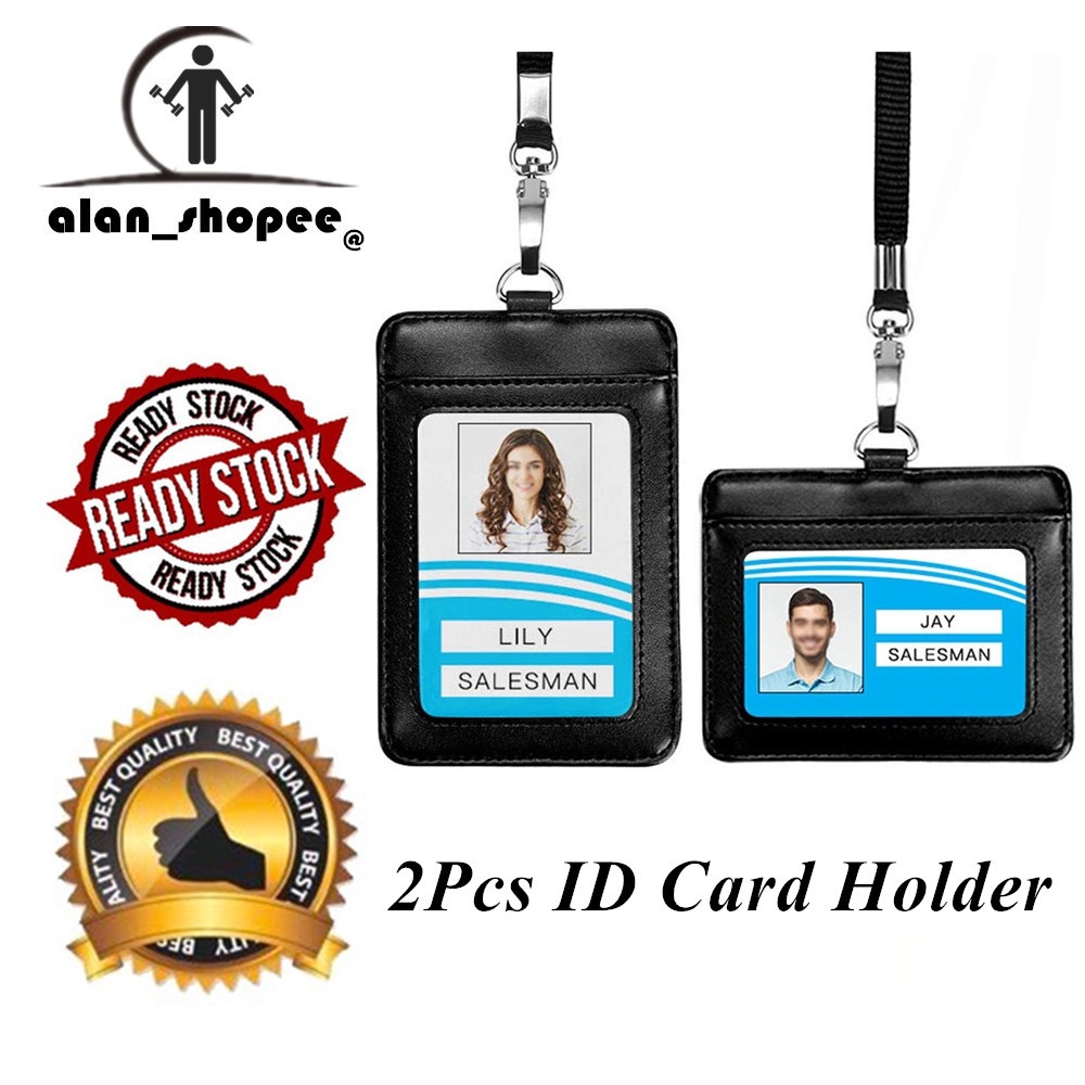 2 Pack Vertical & Horizontal PU Leather ID Badge Holder with 2