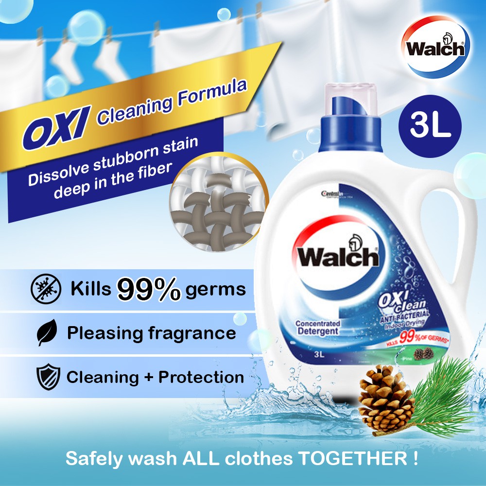 Walch Oxi Clean Laundry Detergent (Pine) 3L Disinfectant, Antibactrl