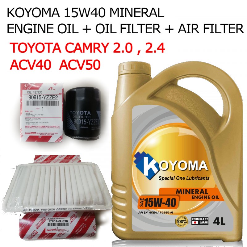TOYOTA CAMRY 2.0 2.4 ACV40 ACV50 OIL FILTER + AIR FILTER + KOYOMA 15W40