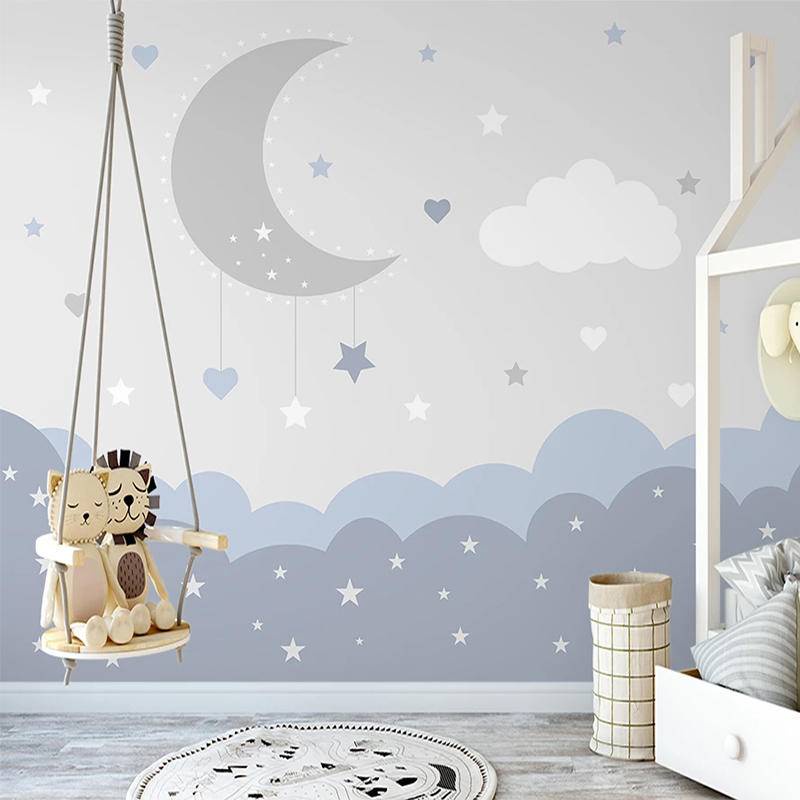 Custom minimalist 3D moonstar sky children's room wallpaper, indoor
