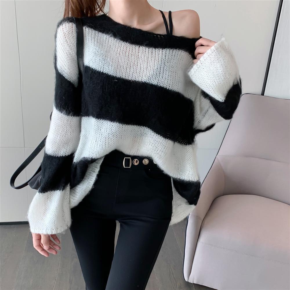 Autumn off shoulder contrast striped sweater 2021 foreign style loose