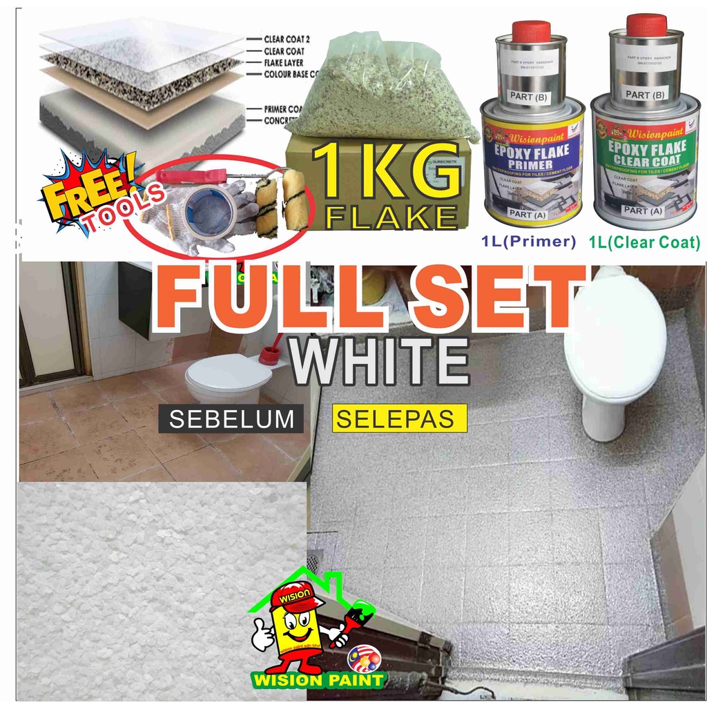 WHITE / FULL SET Flake Coating Epoxy Toilet Floor Waterproof (FREE