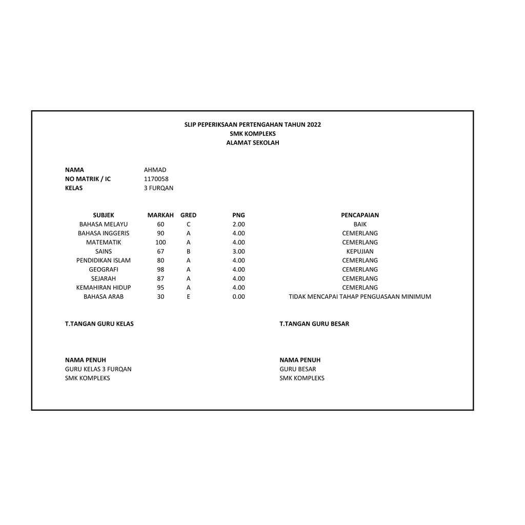 template rekod markah pelajar & slip peperiksaan sekolah rendah sekolah