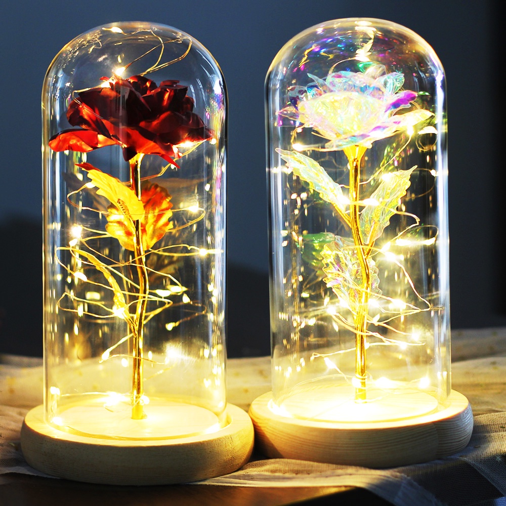 Artificial Flower Rose with LED Light In Glass Dome Gifts for Mothers