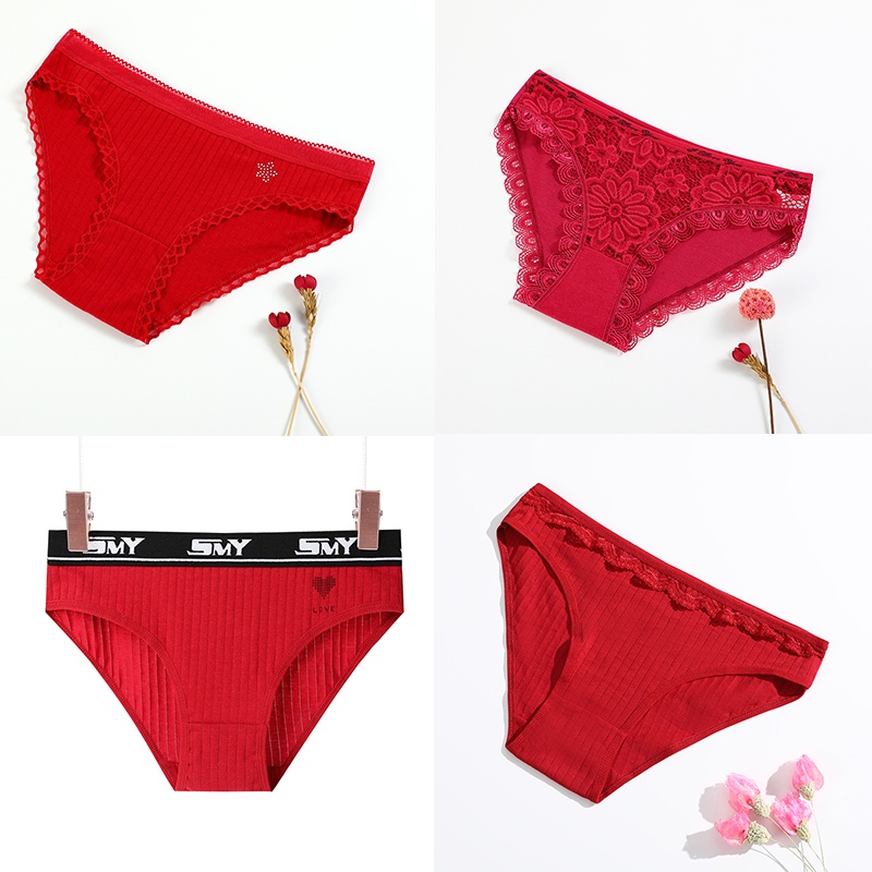 2023 CNY Red Ladies Cotton Underpants Pure Lace Women Underwear