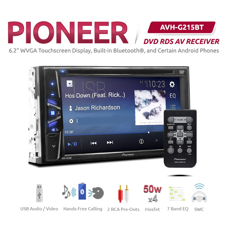 PIONEER AVHG215BT 6.2" WVGA InDash DoubleDIN DVD Touchscreen Display Multimedia AV Receiver
