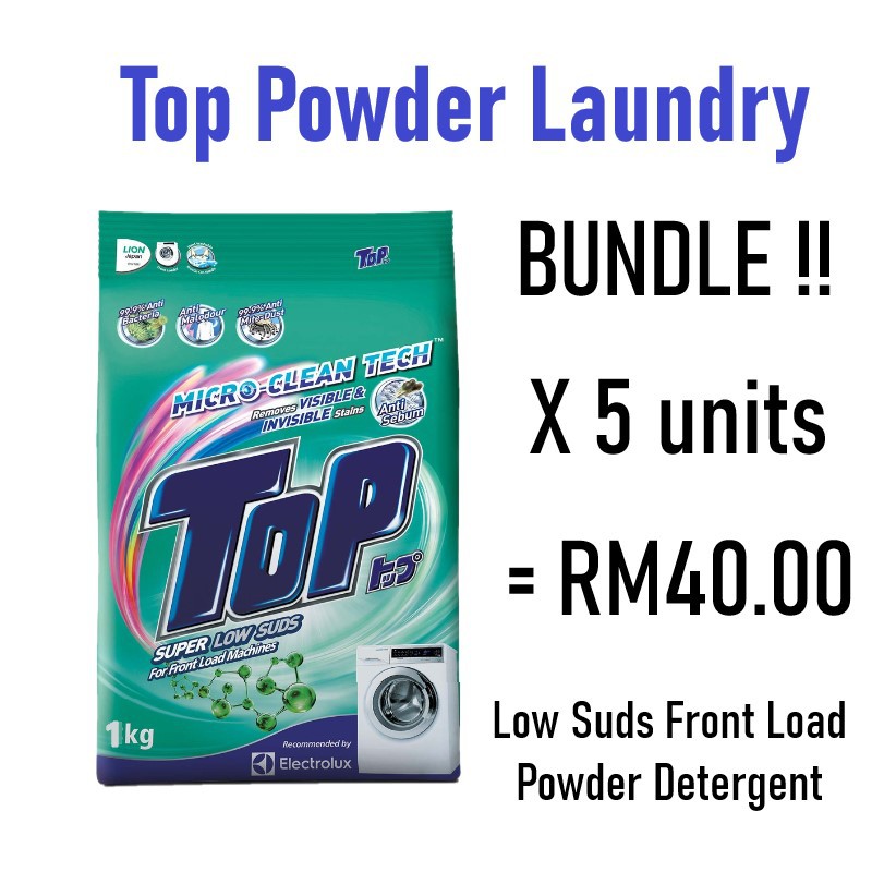 Top Super Low Suds Powder Laundry 5KG ( 1kg x 5 packs Bundle ) Low Suds
