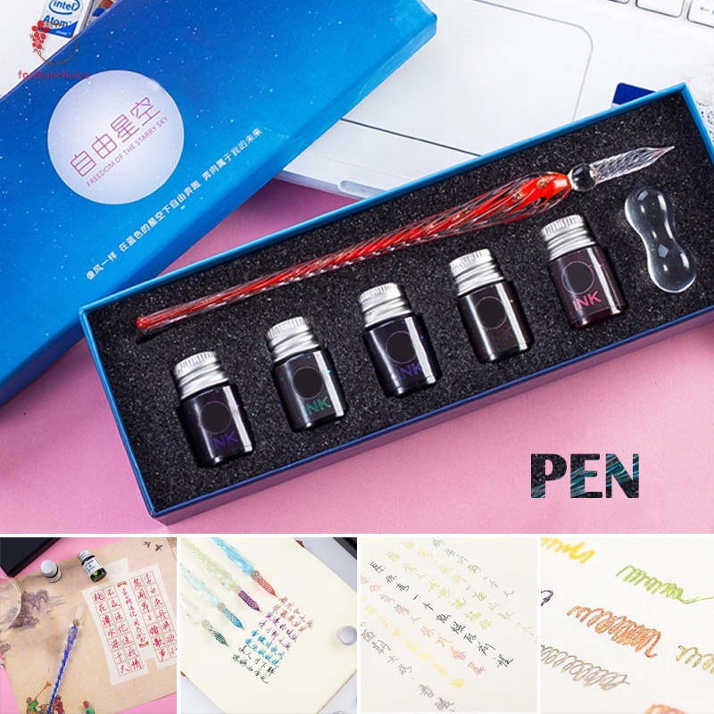 7 Pieces/set Crystal Glass Dip Pen Water Fountain Pen Set Elegant Writing Decoration Gift