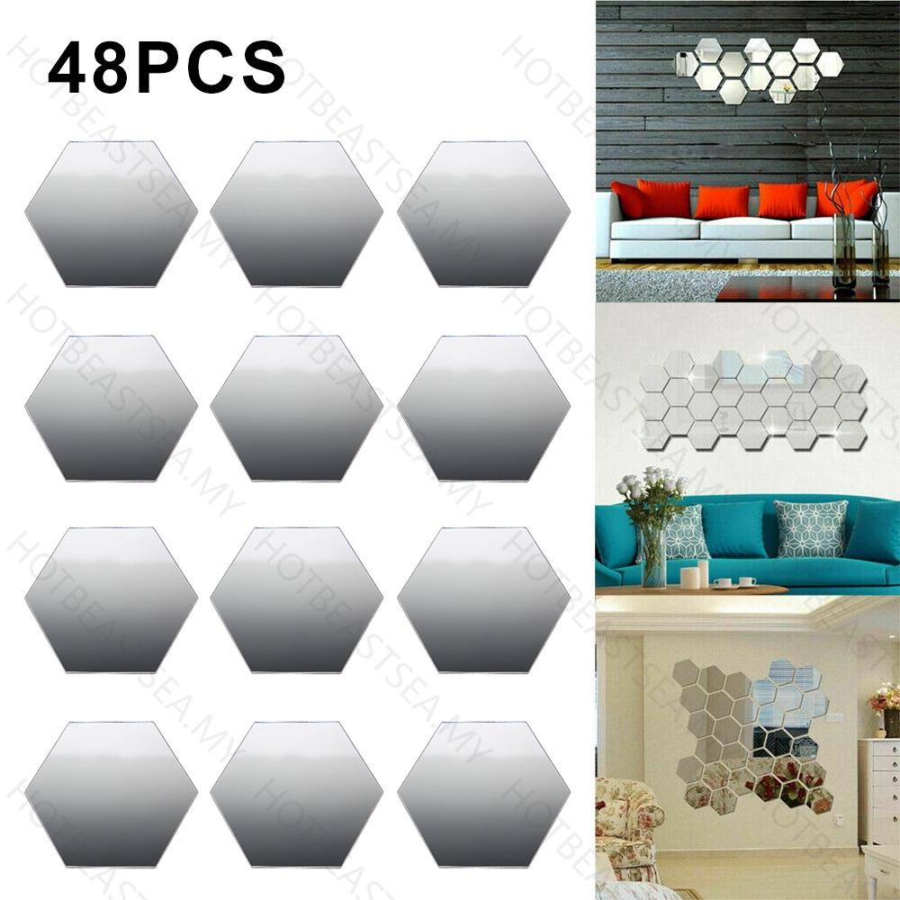 48PCS Acrylic Mirror Hexagonal Wall Decoration Mirror No Pollution