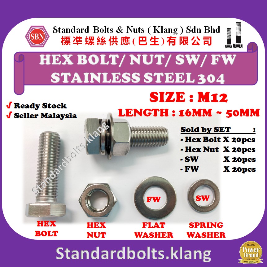(20SET PER PACK) [SIZE M12 SUS304] Stainless Steel 304 Hex Bolt + Nut