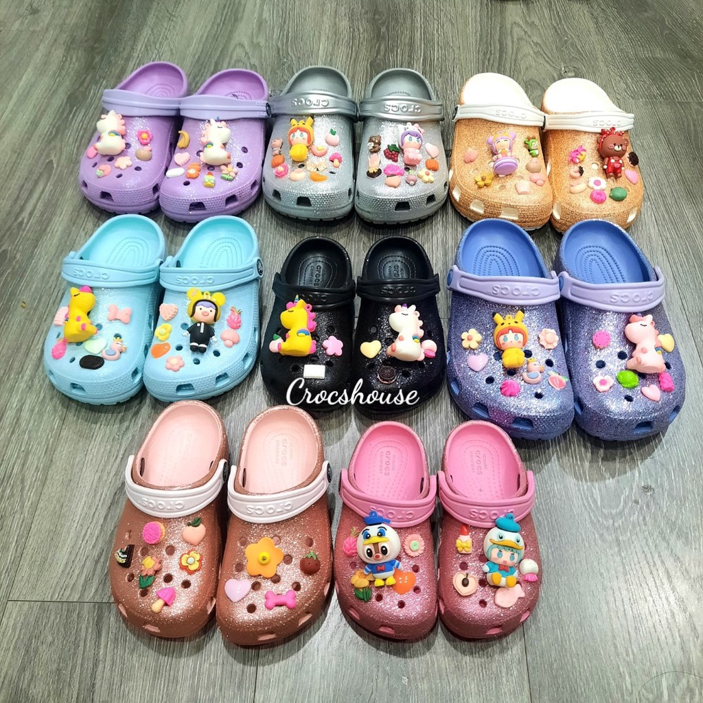 (HighQuality) Crocs classic Glitter Children With jibbitz Stickers As