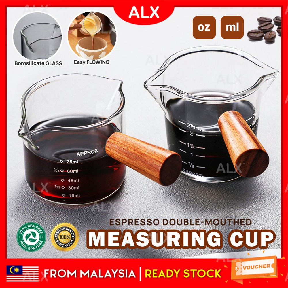 ALX DoubleMouthed Espresso Measuring Cup Tempered Glass Wooden Handle