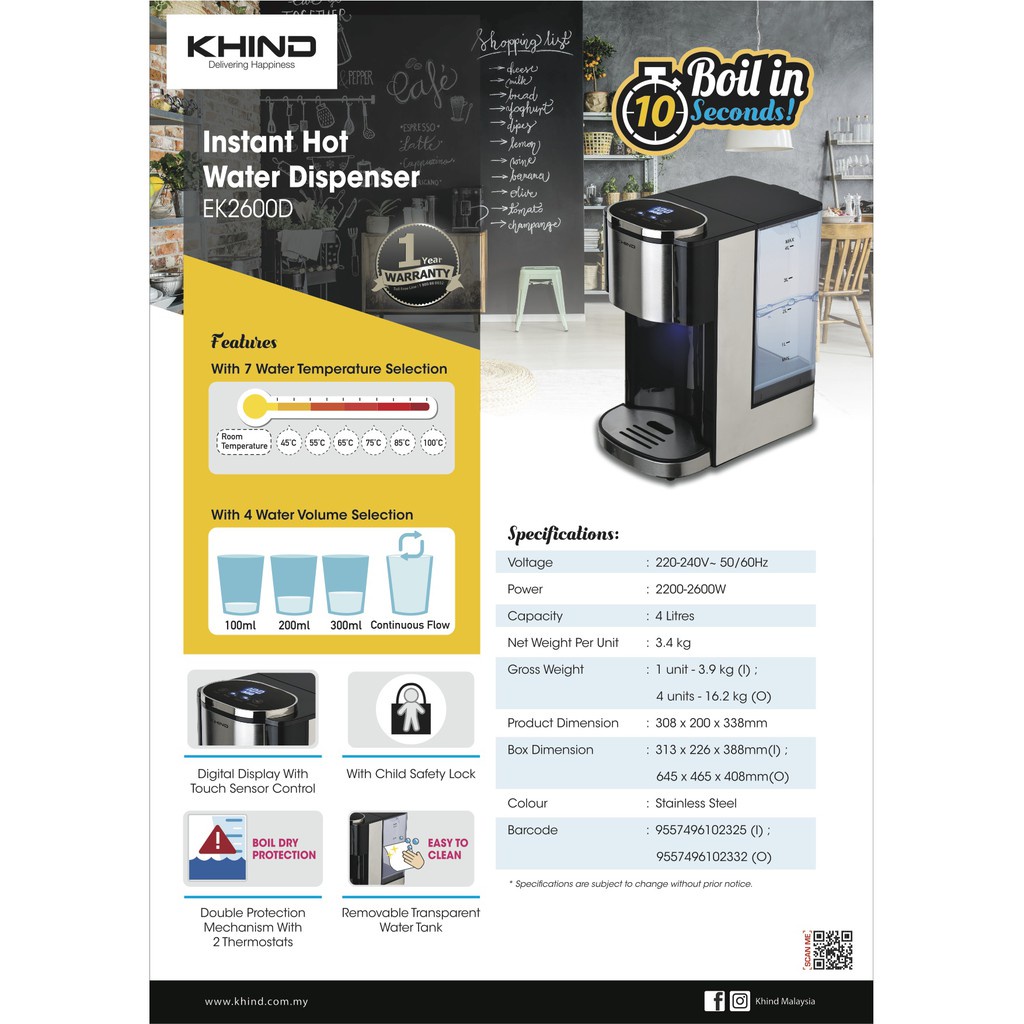 KHIND 4L INSTANT HOT WATER DISPENSER EK2600D Shopee Malaysia