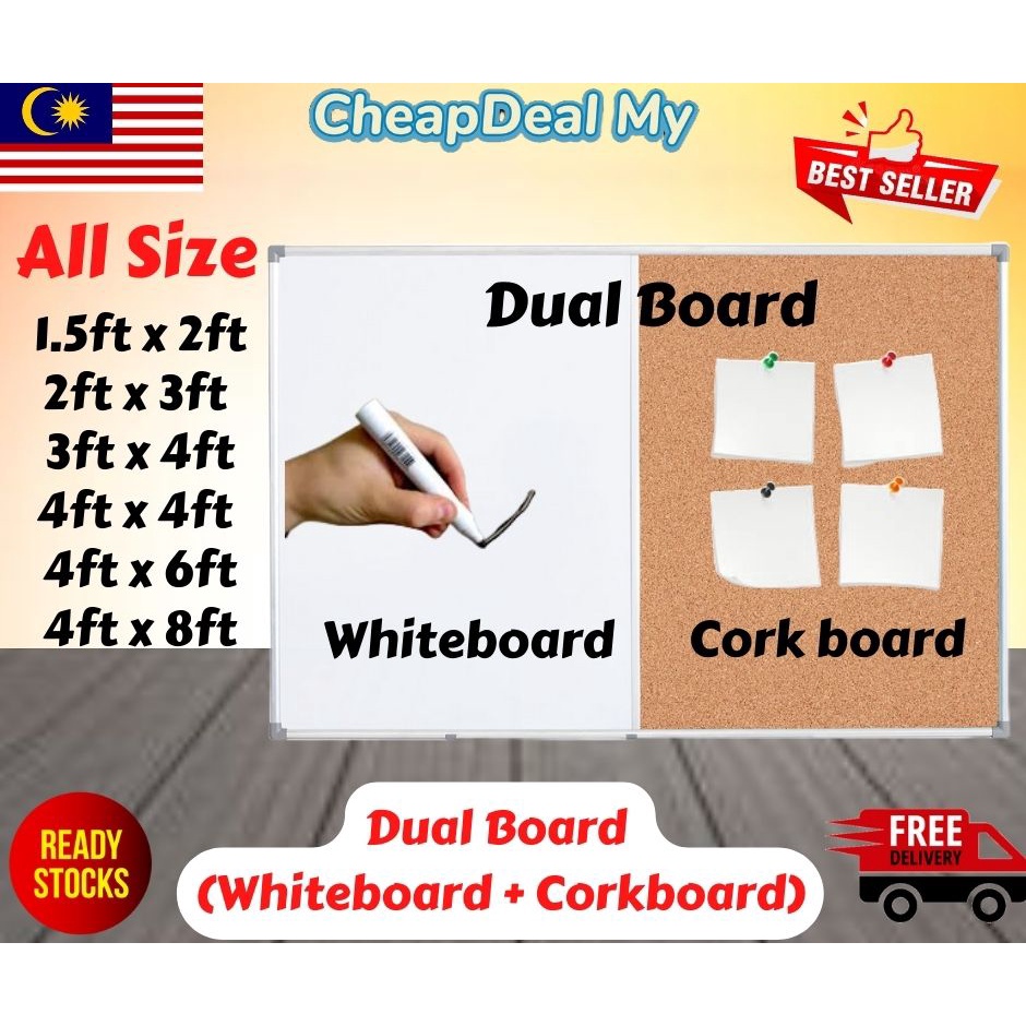 All SIZES 2 in 1 Dual Board Notice Cork board + Whiteboard 1.5 x2 2x3