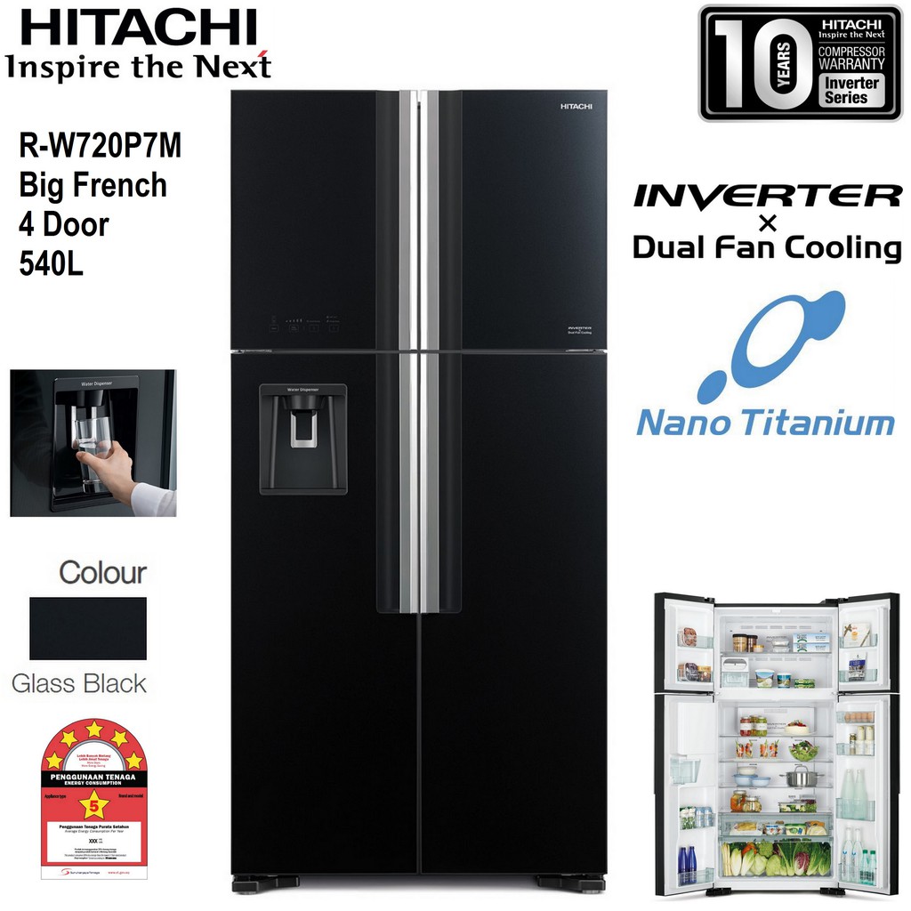 Hitachi Inverter 4 Glass Door Refrigerator Fridge With Water Dispenser 586 Liters RW720P7M