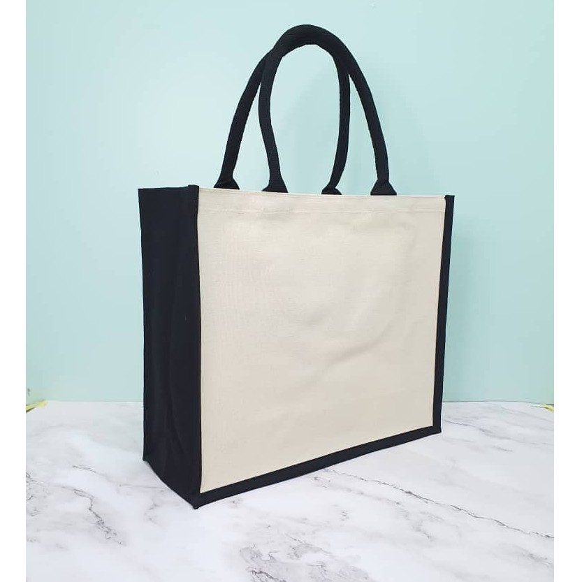 Jucy Laminated Big Canvas Bag Plain Tote Bag Black Gusset Shopee Malaysia