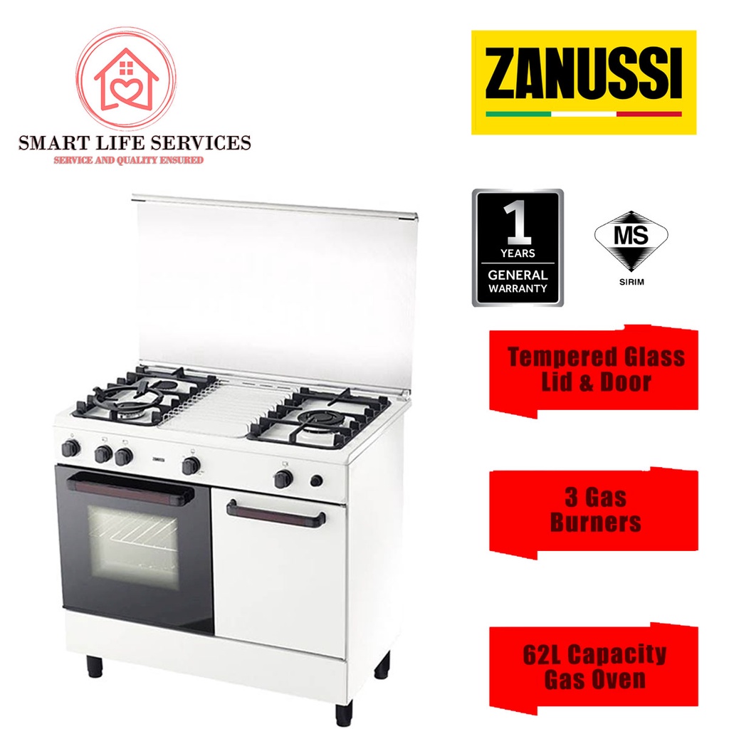 Zanussi Gas Oven Cooker 62L/90cm 3Burners Freestanding Gas Cooker Gas