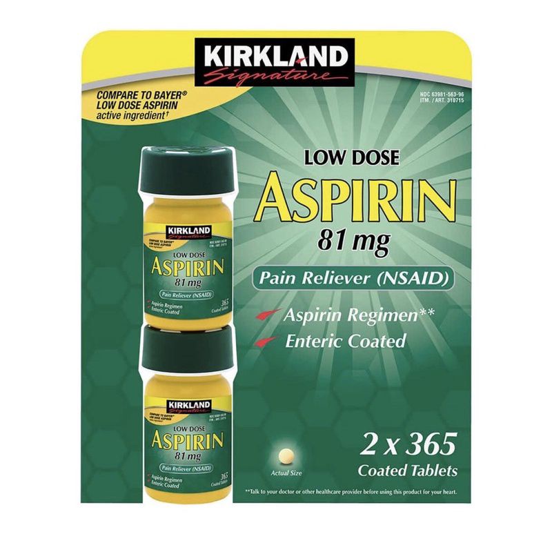 Kirkland Signature LOW Dose Aspirin 81mg Pain Relieve Aspirin Regimen Safety Coated Enteric