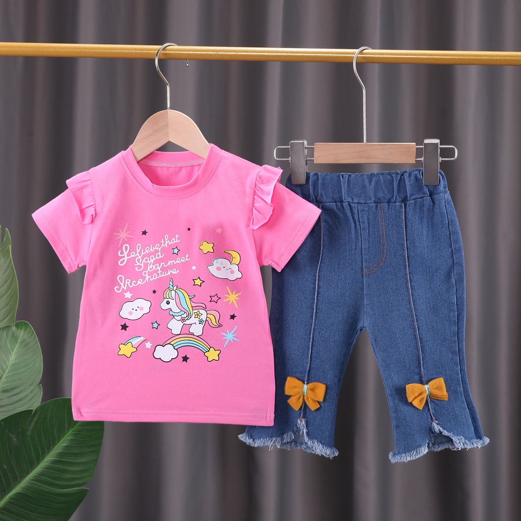New Arrival Girls fashion suits Tshirt+short jeans 2PCS baby girl