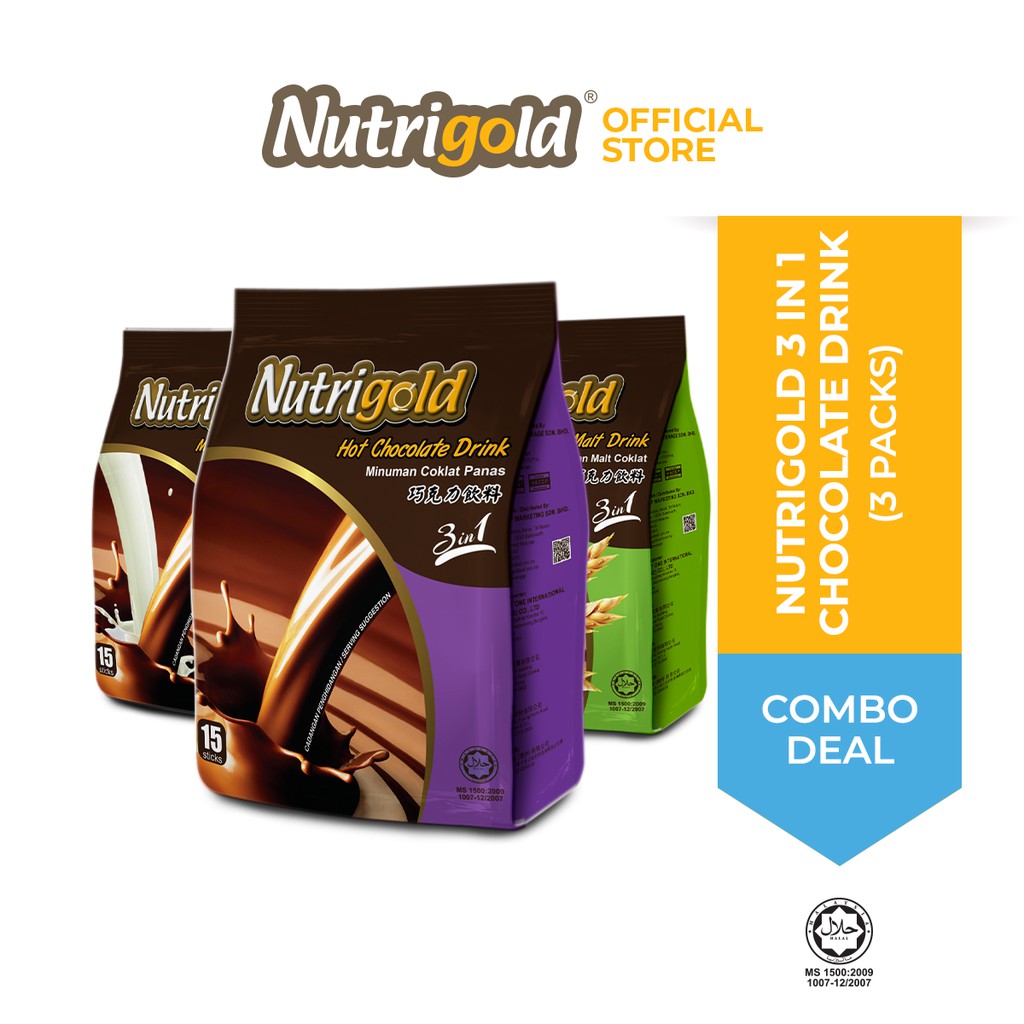 Nutrigold Chocolate Drink 3 in 1 30g x 15 Sticks [ Bundle of 3