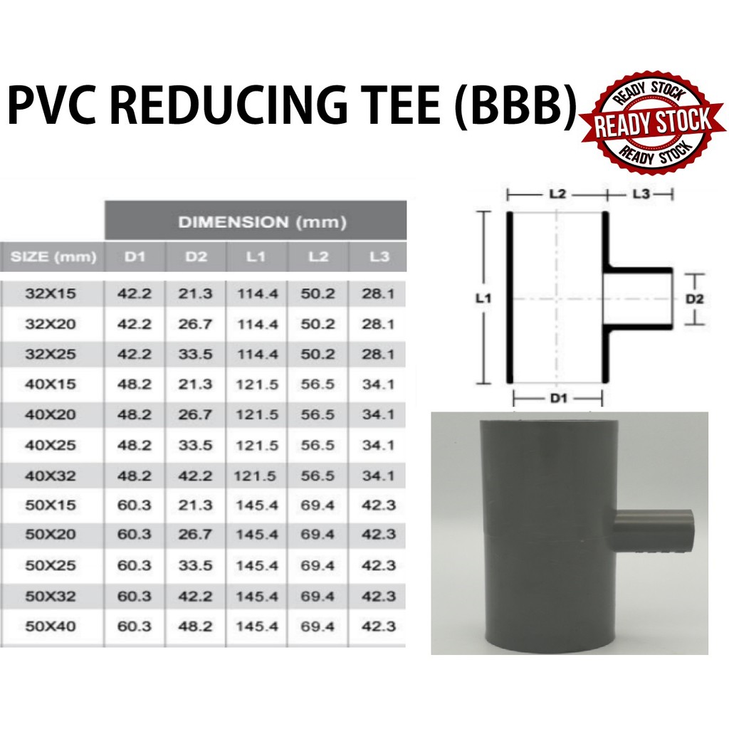 32MM 40MM 50MM PVC PIPE FITTING BRAND BBB (BINA) REDUCING TEE PAIP